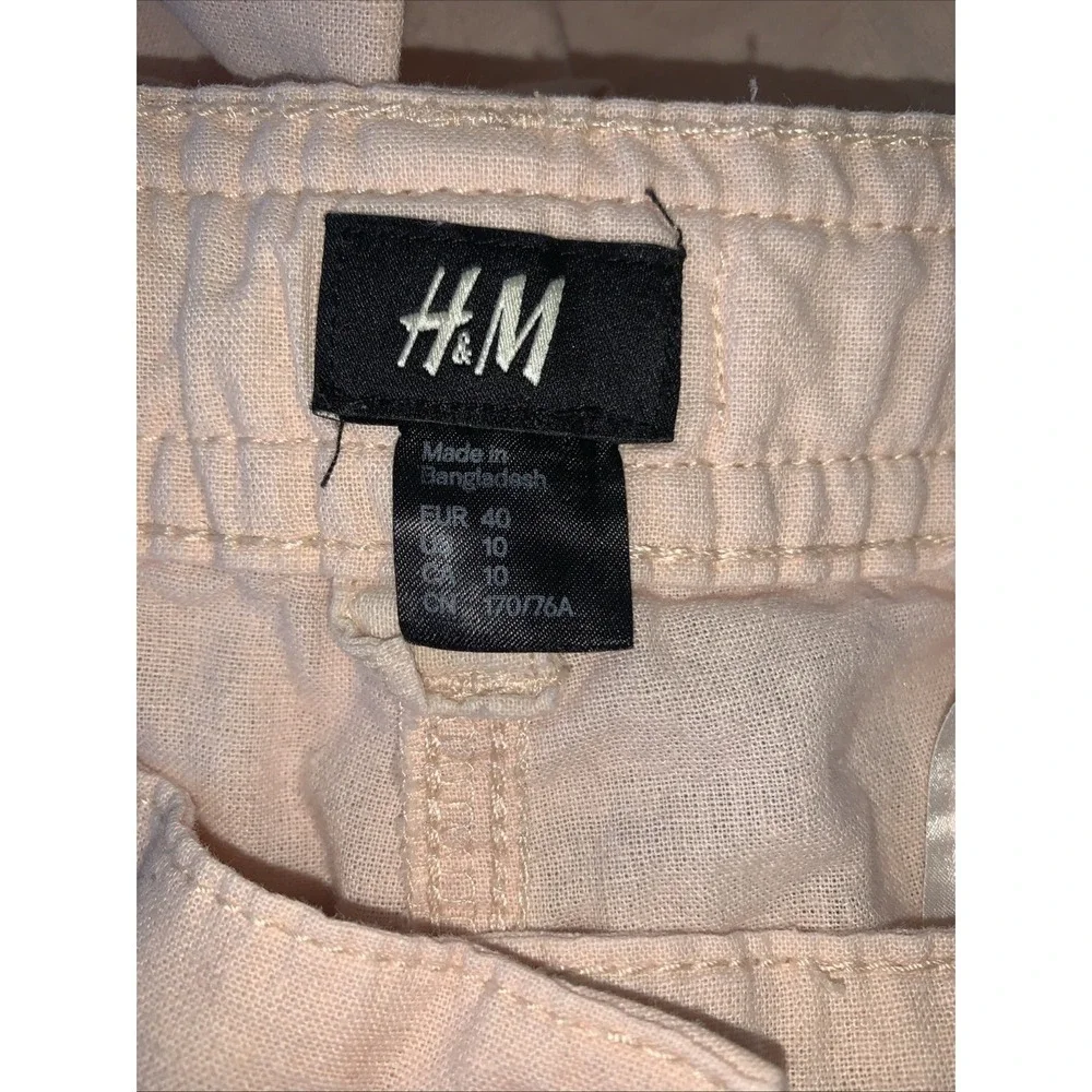 H&M Womens Linen Wide-Leg Pants Size 10 Lt Pink Pockets Cinched Tie Casual Beach
